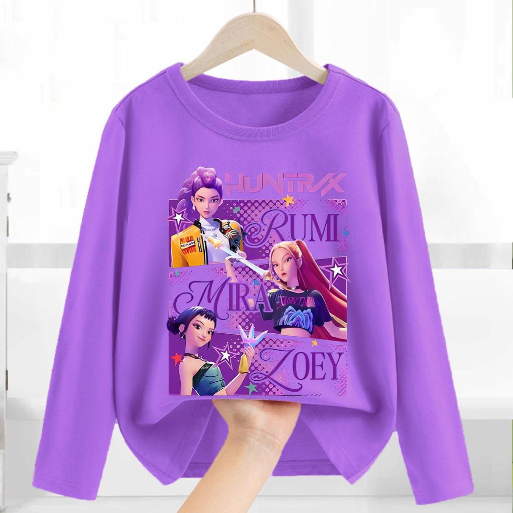Cotton T-Shirts Girls Long Sleeve Children's Cartoon Printed Clothing Children's Purple Clothes Girls Crew Neck Top