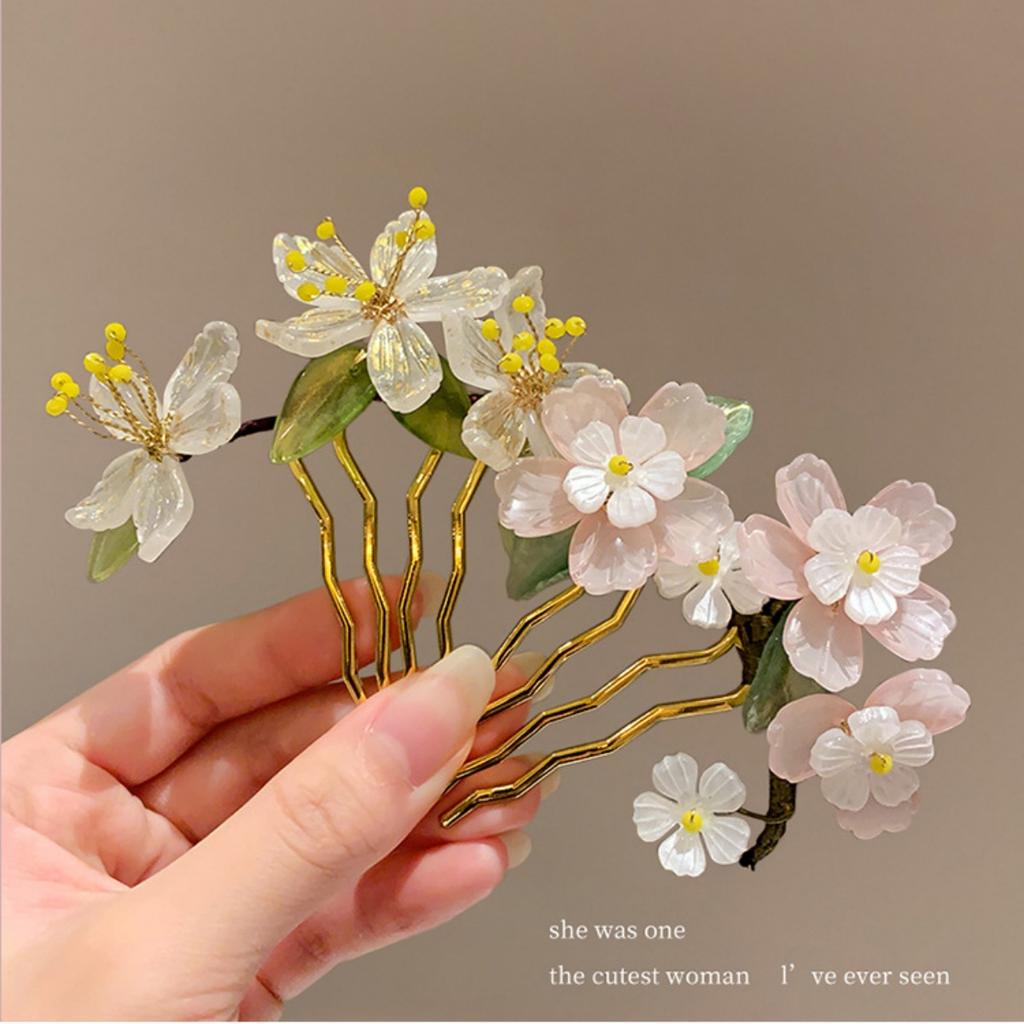 Vintage Flower Hairpin Elegant Chinese Style Glass Flower Hair Comb For Women Girls Exquisite Fairy Metal Hair Accessories 1pc