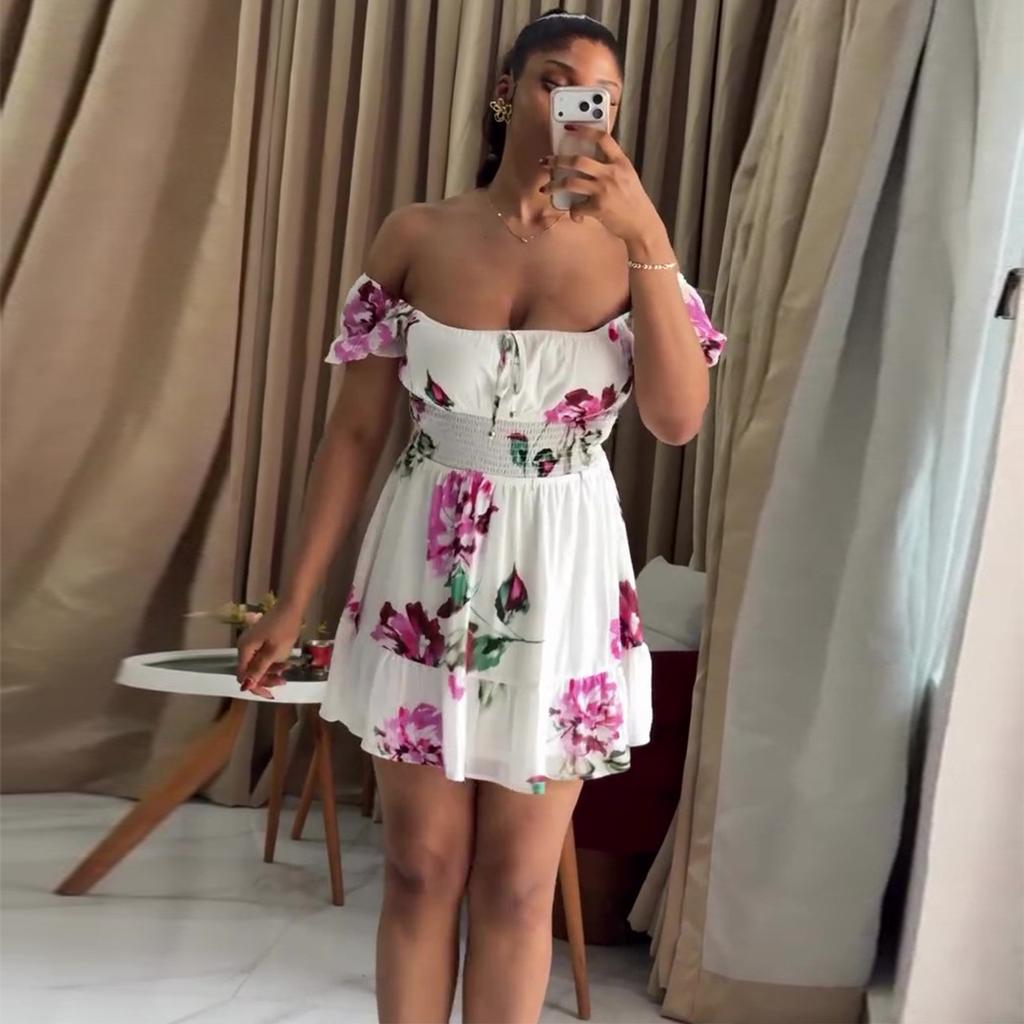 European and American women's clothing summer African new sweet one-word off-the-shoulder printed waist dress