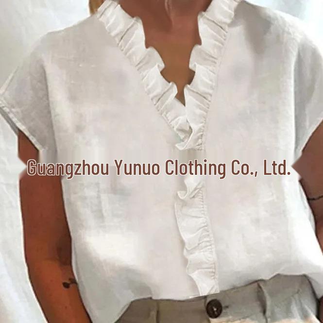 

2023 Европейская и Американская Женская Повседневная Рубашка из Хлопка и Льна с Кружевной Отделкой Пэчворк и Коротким Рукавом S белый