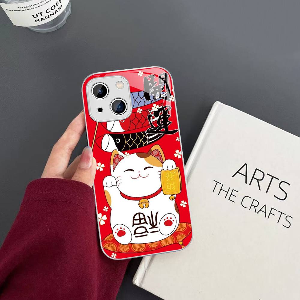 Maneki Neko Lucky Money Cat Tempered Glass For Iphone 14 13 12 11 Pro Mini XS MAX 14Plus X XS XR Cover