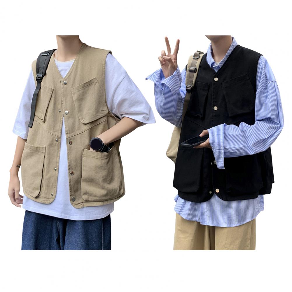 Men Cargo Waistcoat Sleeveless Single Breasted Multi Pockets Design One Tone Athletic Vest Outdoor Use Street Wear
