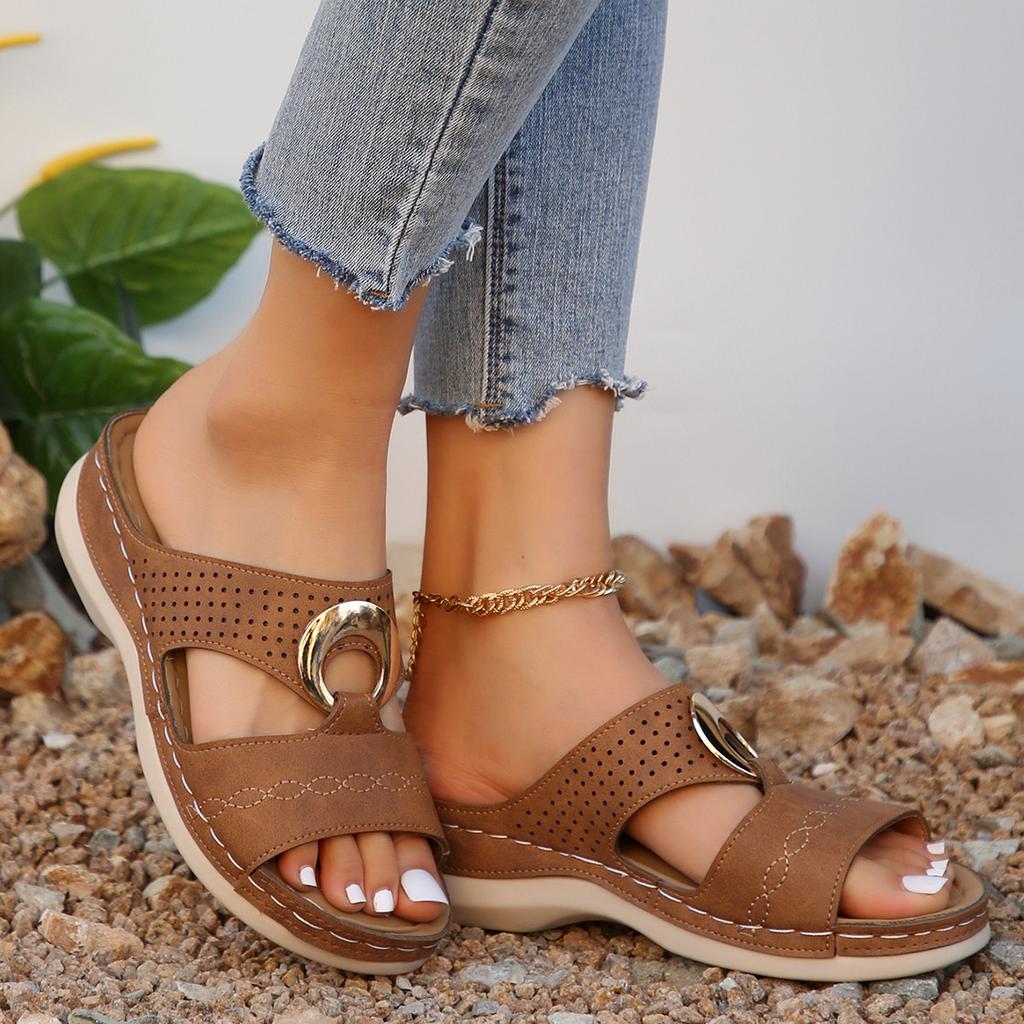 Summer Women's Toe-Exposing Sandals Casual Metal Buckle Sandals Wedge Heel with Thick Sole Openwork Slip-On Women's Shoes