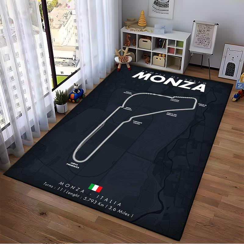 Wzór mapy toru Monza na dywaniku Antypoślizgowy dywanik odpowiedni do salonu i sypialni przy sofach.