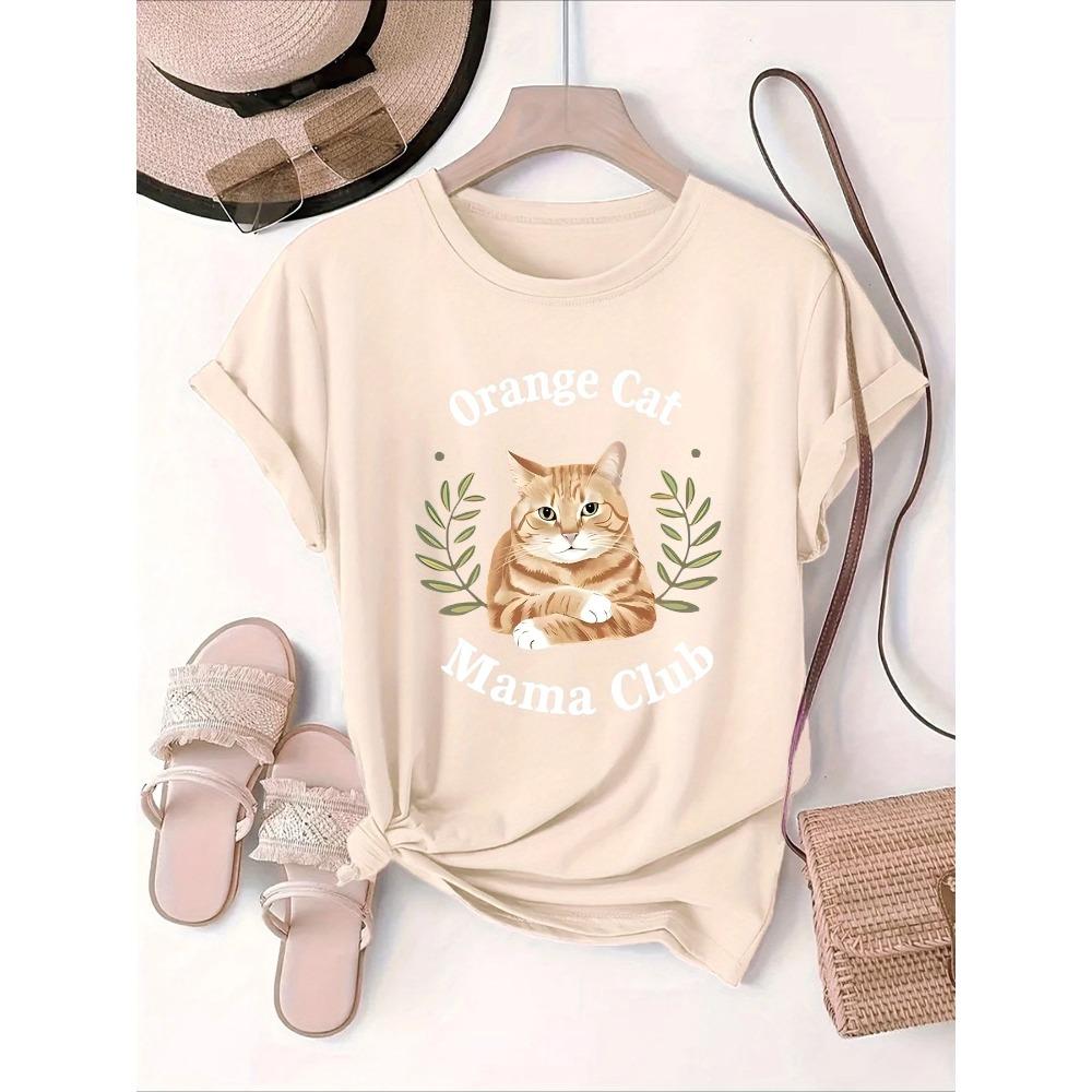 Cute Orange Tabby Cat Club Printed Summer T-shirt Top for Women Round Neck Short Sleeved Comfortable Casual Women's Clothing