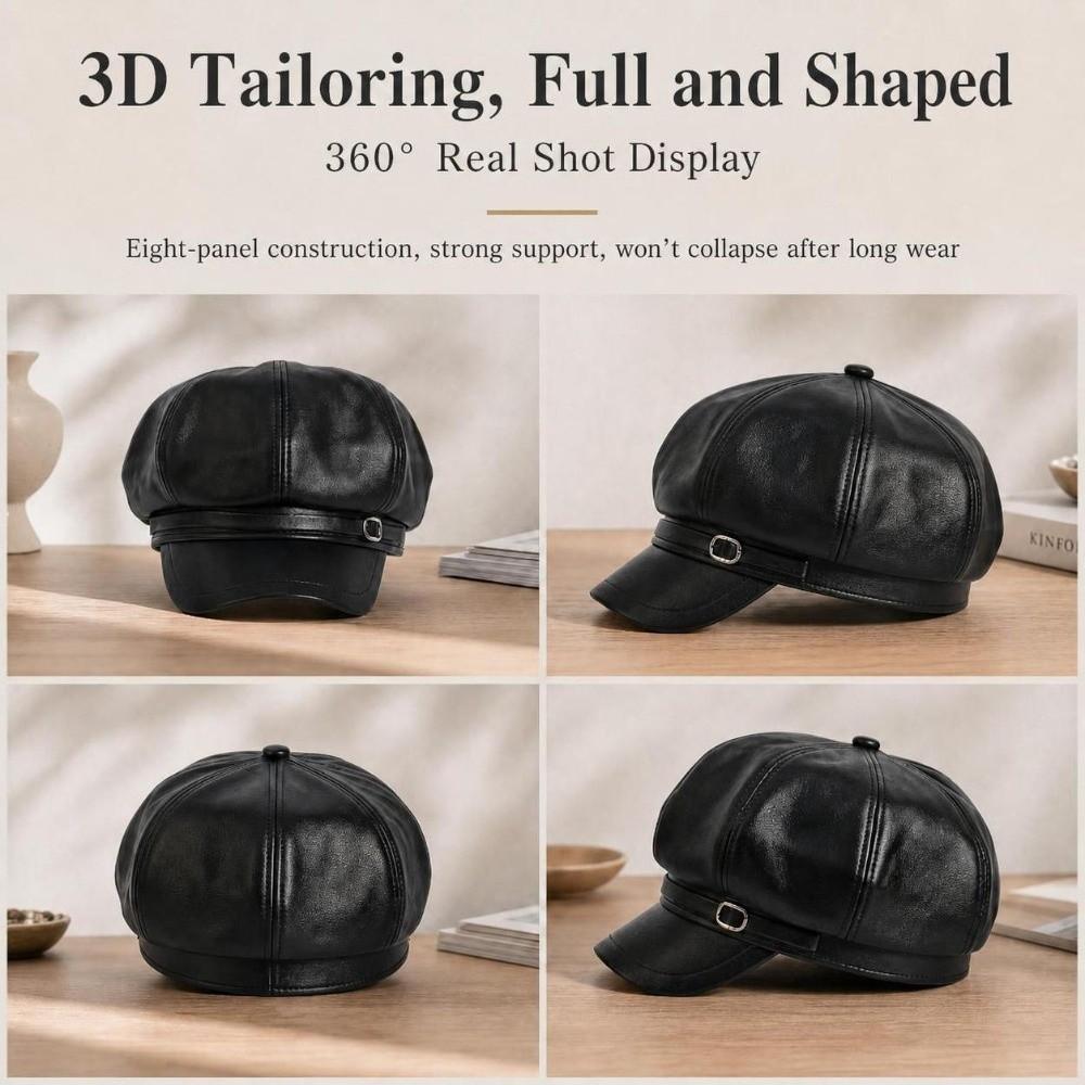 Octagonal Beret Hat Metal Buckle Strap Octagonal Cap Vintage Baker Boy Cap  For Women