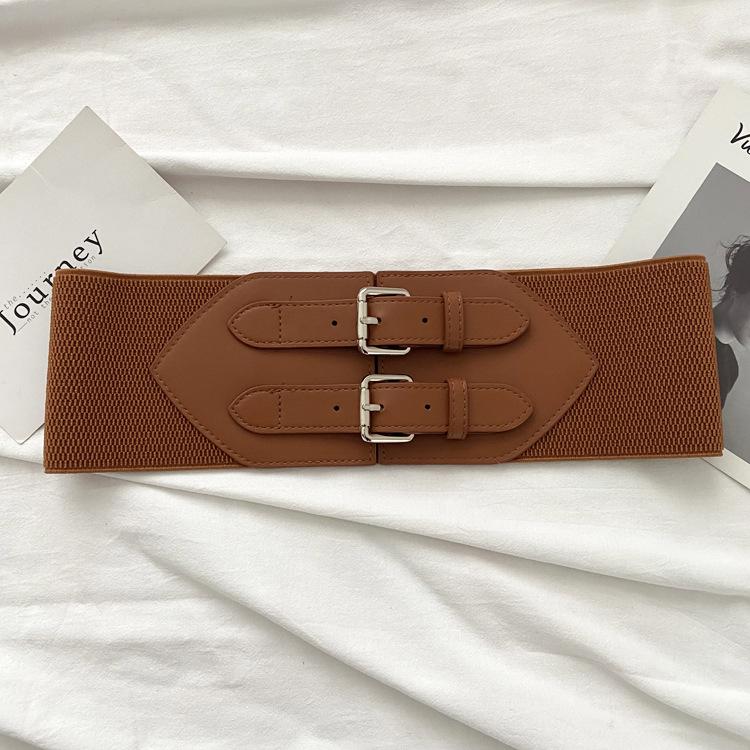 

Women s Wide Elastic Waist Belt: Double-Needle Buckle for Dress, Coat, Suit Jacket - Decorative and Waist-Cinching коричневый