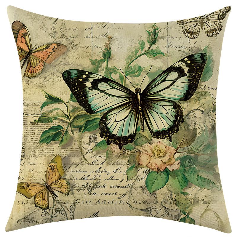

New Spring Field Green Butterfly Linen Pillowcase Car Sofa Lumbar Pillow Cushion 45 * 45 separate pillow cover