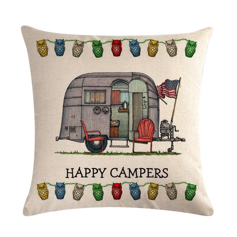 Happy Campers Peach Skin 2D Print Cushion Cover Retro Caravan RV Decorative Pillowcase for Outdoor Travel Camping Trailer Decor