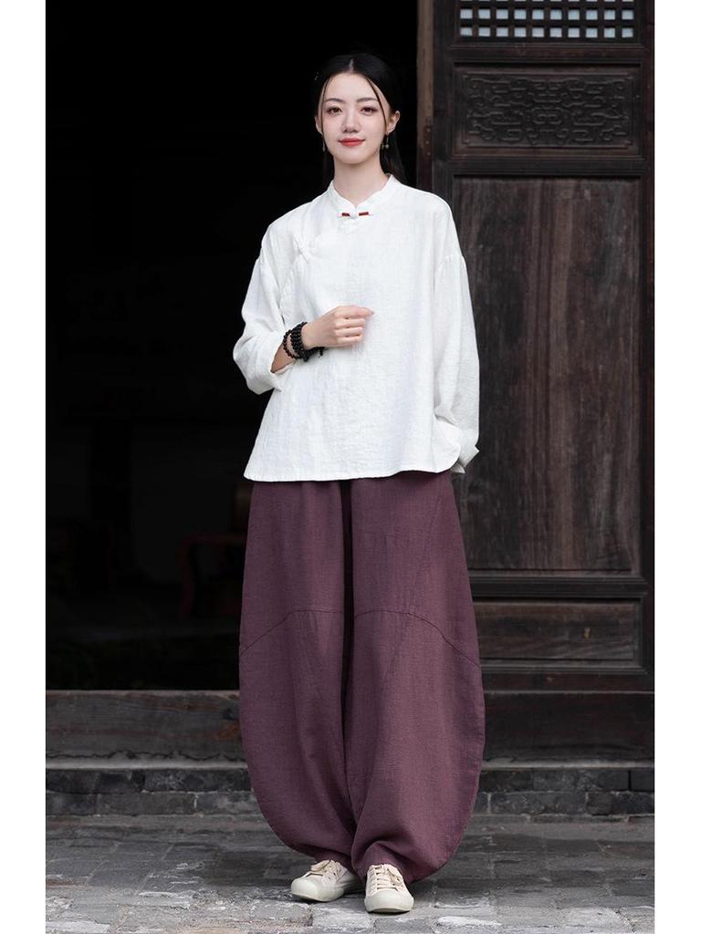 Spring Cotton Linen Women's Retro Handmade Wrapped Button Zen Tea Shirt