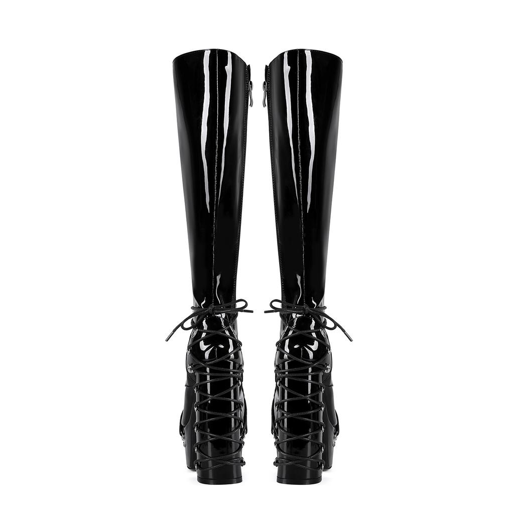 15cm Kette dekorative Plateau Kniehohe Stiefel Lackleder runde Zehen dicke Absätze Punk-Stil erhöhte Trendstiefel