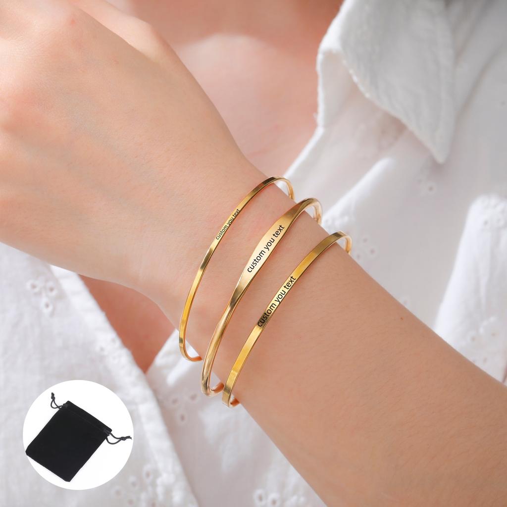 Customized Name Date Quote Bracelet Stainless Steel Personalized Carving Name Minimalist Open Bracelet Fashion Party Gift