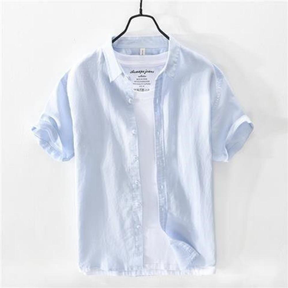 

Summer Thin Ice Silk Linen Shirt Men s Short-sleeved Loose Business Casual Solid Color Half-sleeved Cotton and Linen Shirt XS