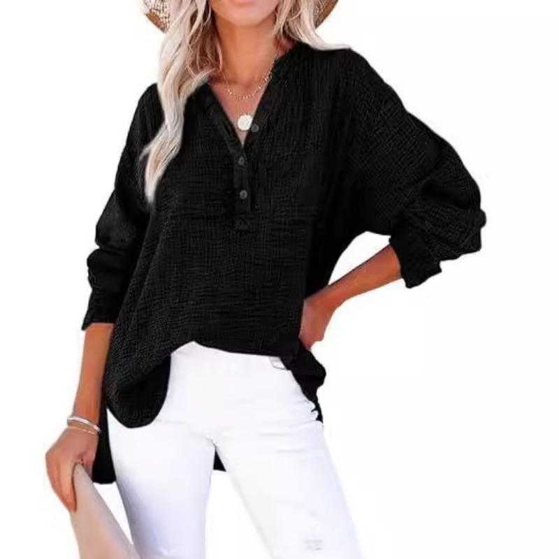 Fashion Long Sleeved Spring Autumn Office Women Shirt Plus Size Pleated Buttons Solid Color Tops Elegant V Neck Casual Simple Blouse Loose Clothing