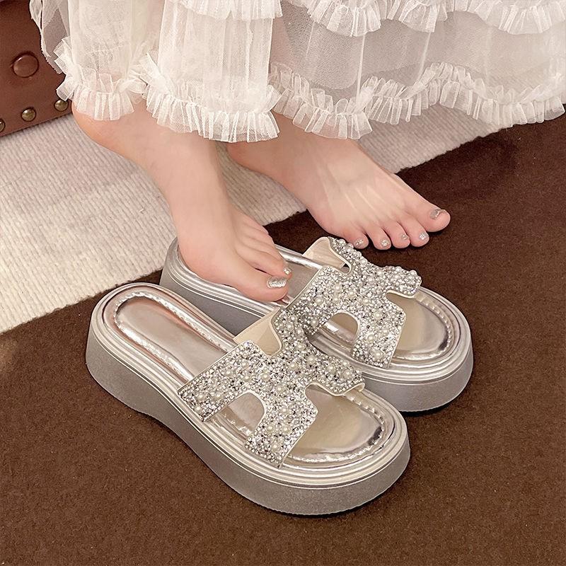Light luxury beautiful rhinestone cool slippers women wear new spring and summer fashion versatile thick bottom one-word drag