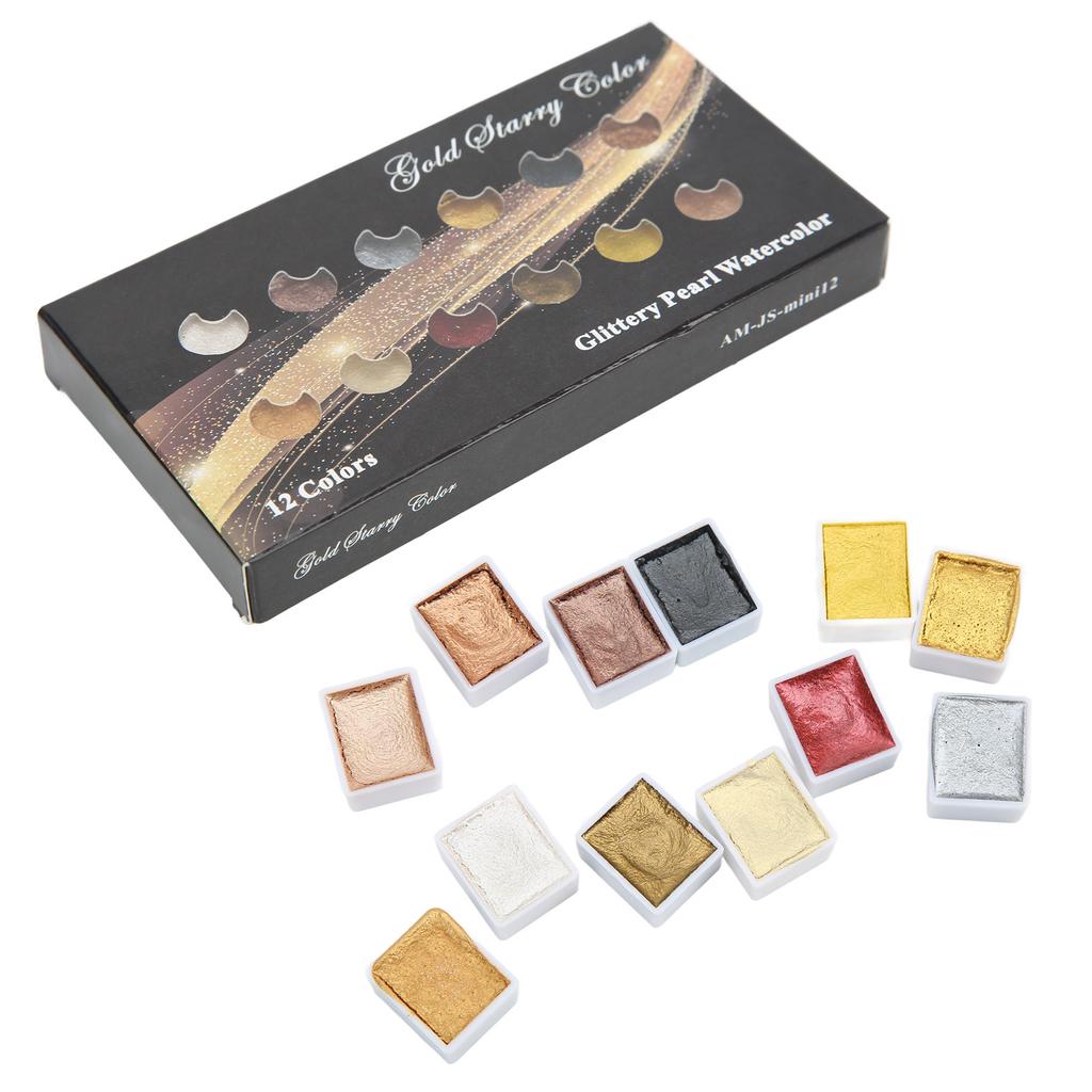 12Pcs Watercolor Paint Metallic Color System Highlight Dimming Watercolor Set for Art Painting