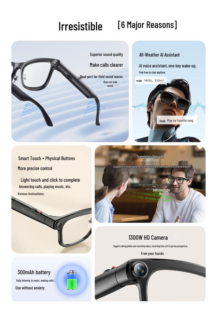 In Stock ZN447 Smart AI Glasses: 13MP Camera, Myopia Translation, Bluetooth, 4K HD Video Recording, Call & Photo Shooting.