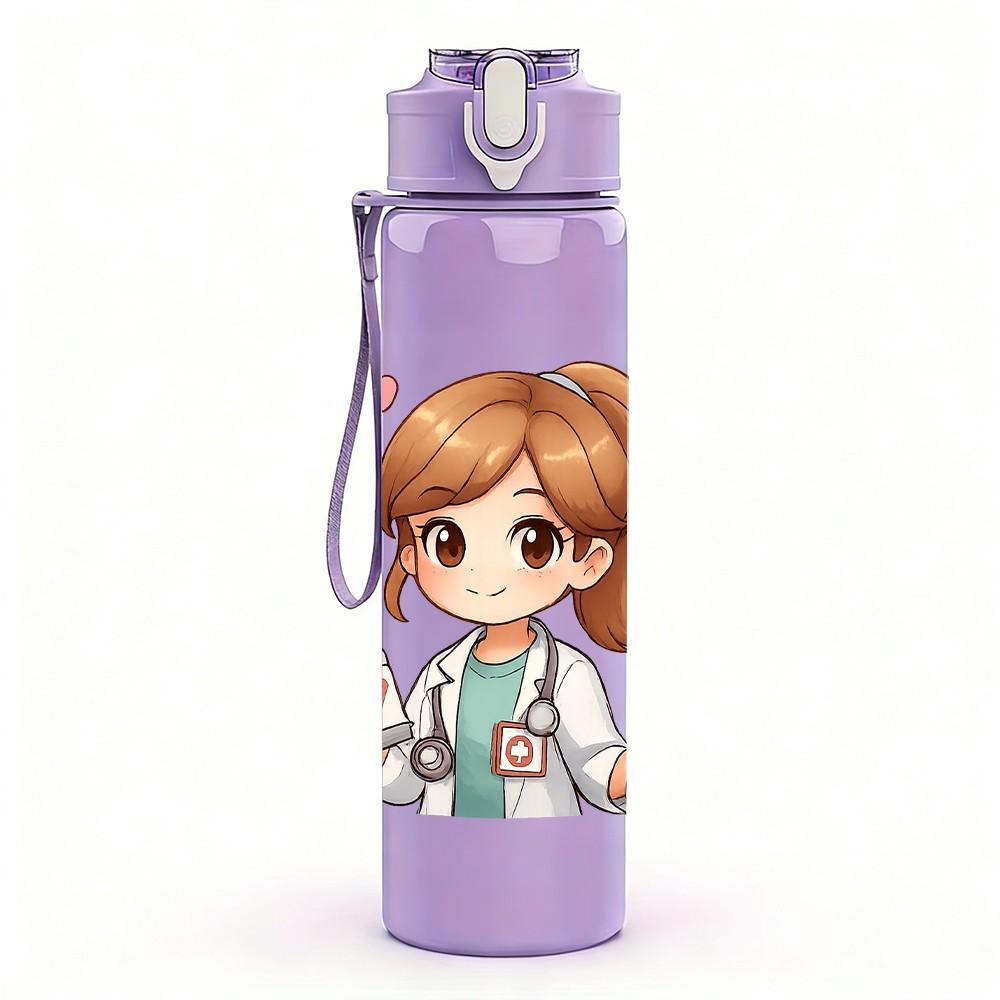 1PC Cute Girl Doctor Cartoon 750ml Color Plastic Sports Water Bottle Leakproof Flip Straw Lid Suitable for Sports Office Home Use