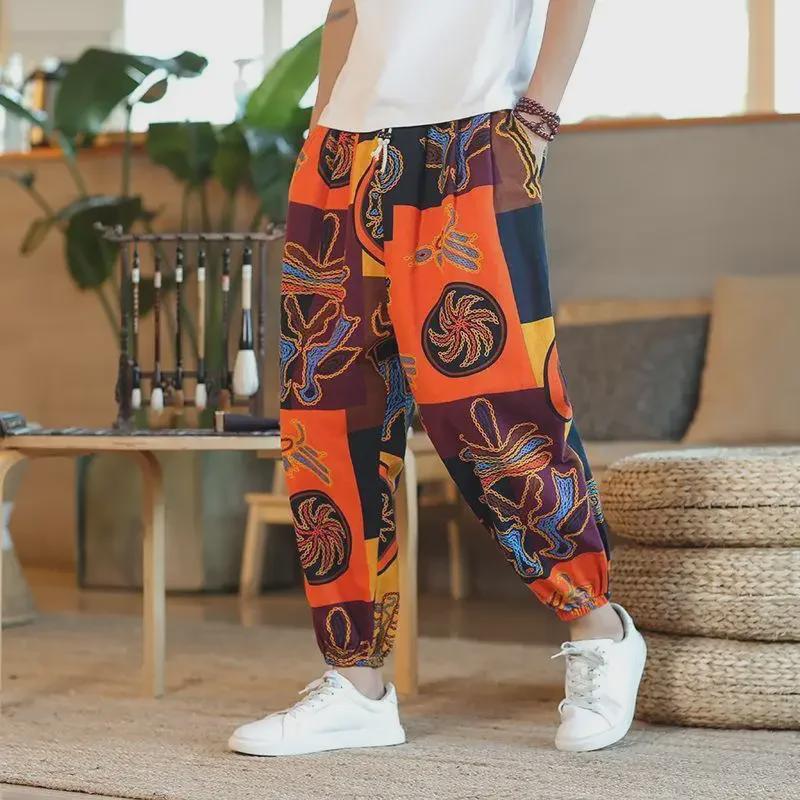 Cashew Flower Men's Thai Linen Wide-Leg Nine-Point Summer Pants