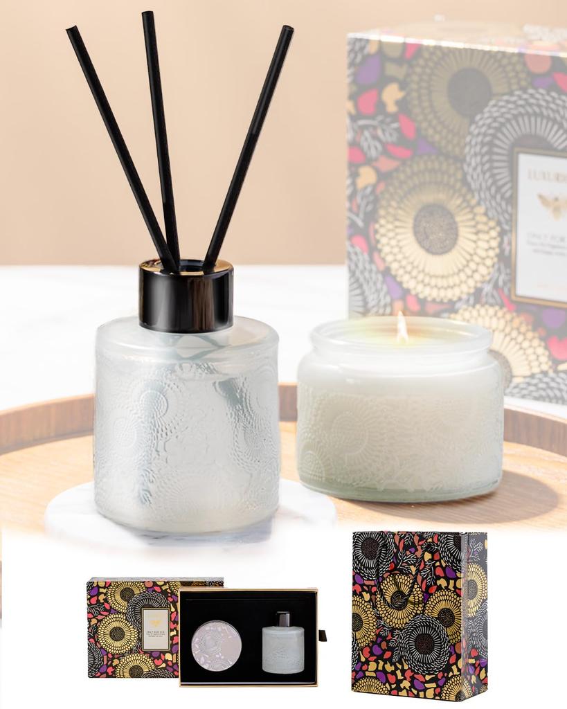 CLEAN HOUSE Aromatherapy Candle and Reed Diffuser Gift Set with Sticks and Gift Bag Pear (English & Freesia)