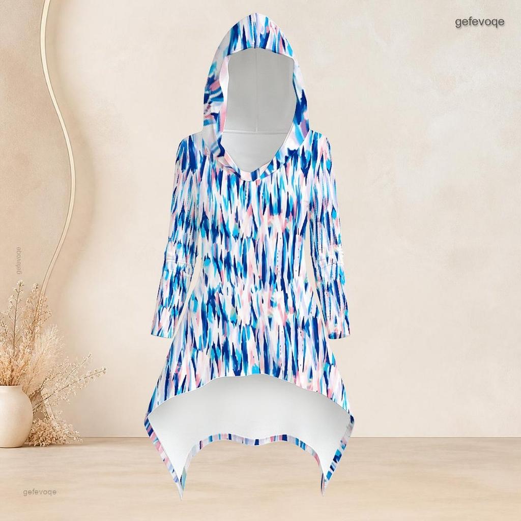 Women Plus Size Hooded Long Sleeve Blue Brown Printed High Low Top Fitted Pants Two Piece Set