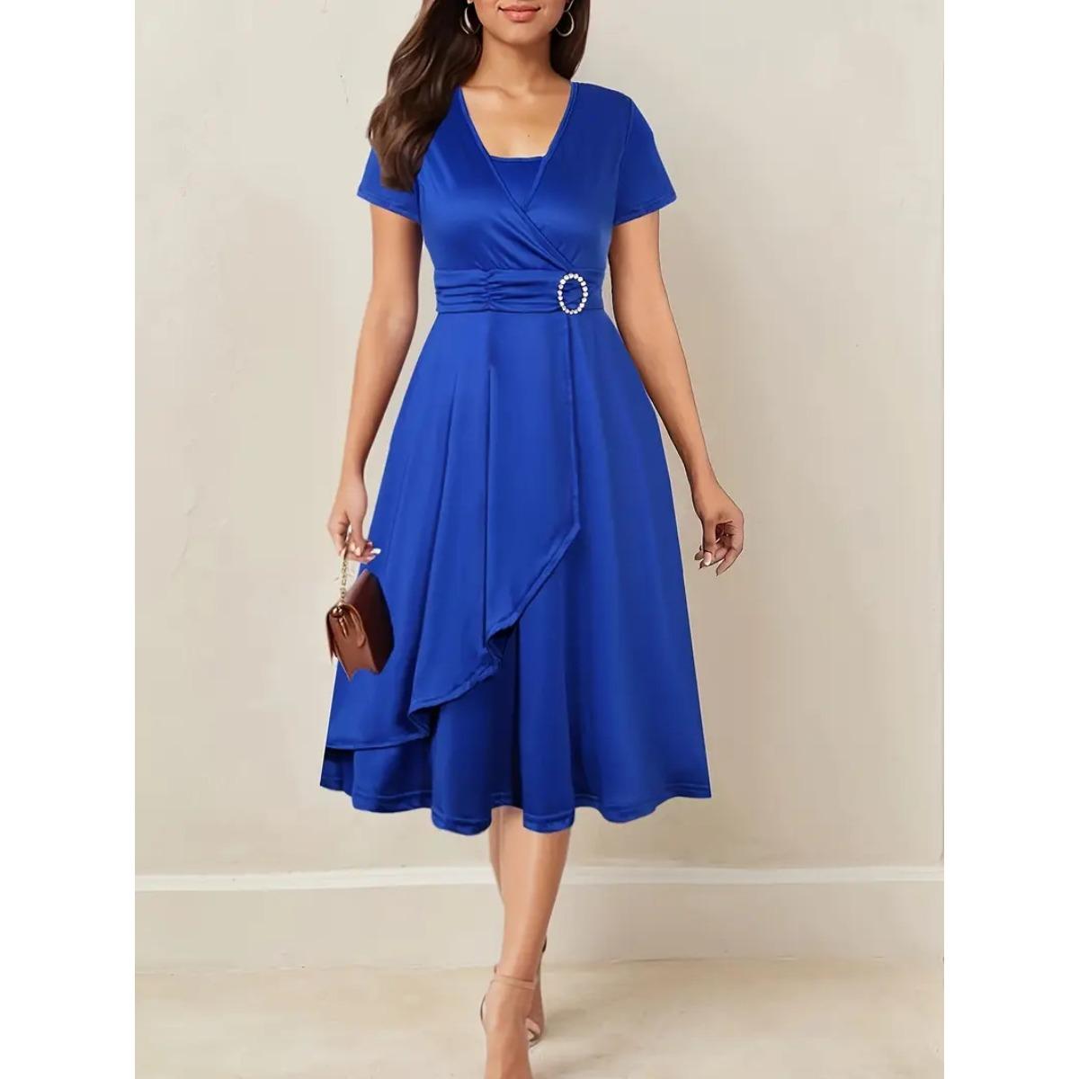 Damen V-Ausschnitt Kurzarm Midi Kleid Locker Mittlere Taille Elegant Wickel Milchseide Büro Partykleid S blau
