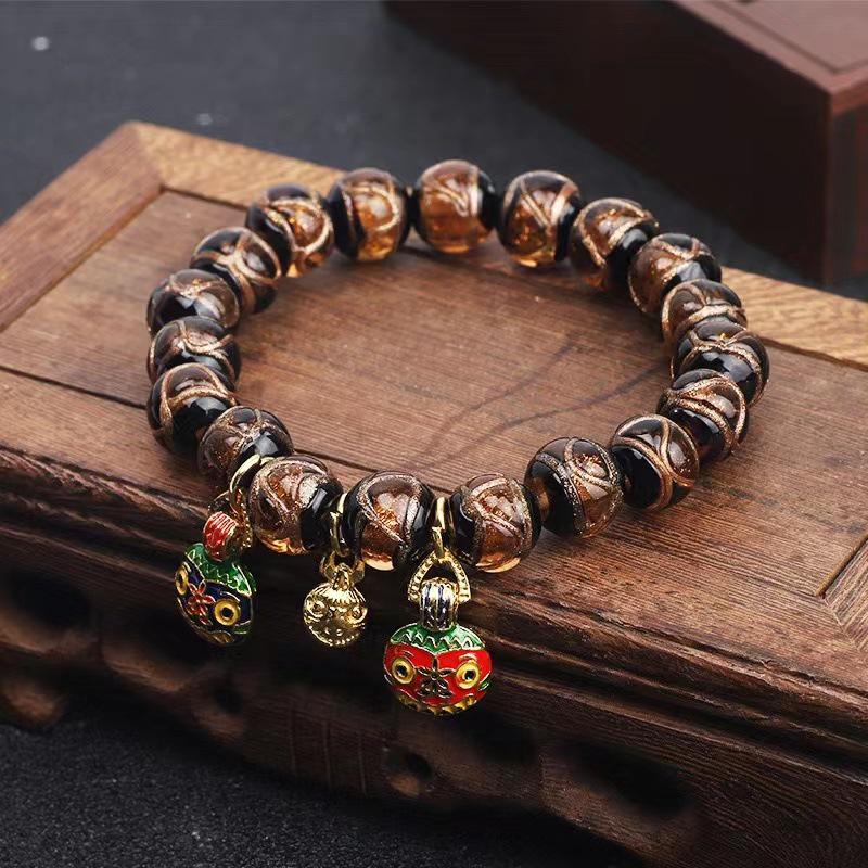 Multicolored Incense Ash Glazed Handcrafted Beaded Bracelet with Swallowing Gold Beast Design for Five-Color Benming Year