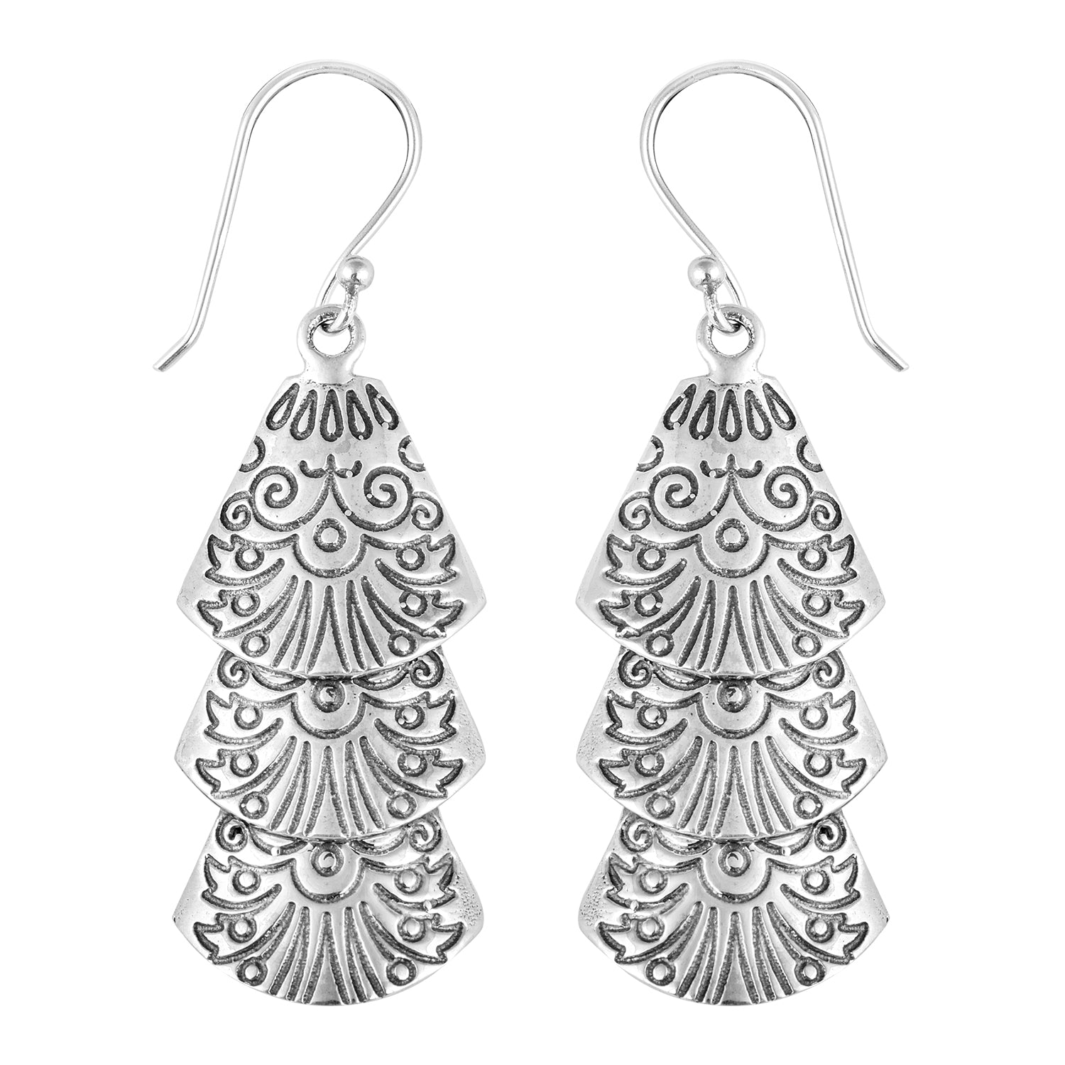 Layered Fan Dangle Earrings - 925 Sterling Silver