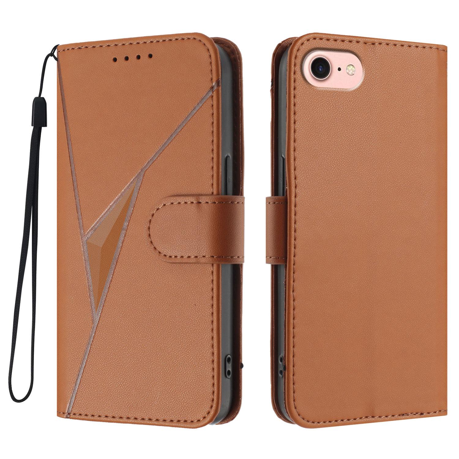 

For iPhone 16e Case Triangle Imprint Leather Phone Cover with Lanyard Coffee