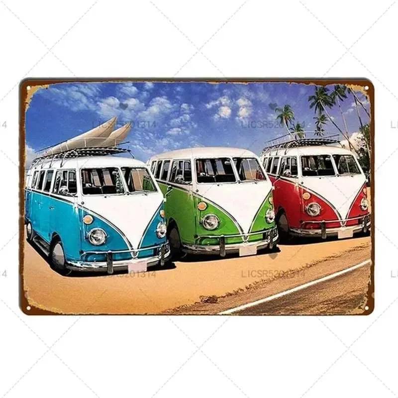 Peace Bus Beach Surfing Cartoon Wall Logo Retro Art Metal Plate Decoration Tin Logo Garage Bar Wall Decoration Tinplate Poster