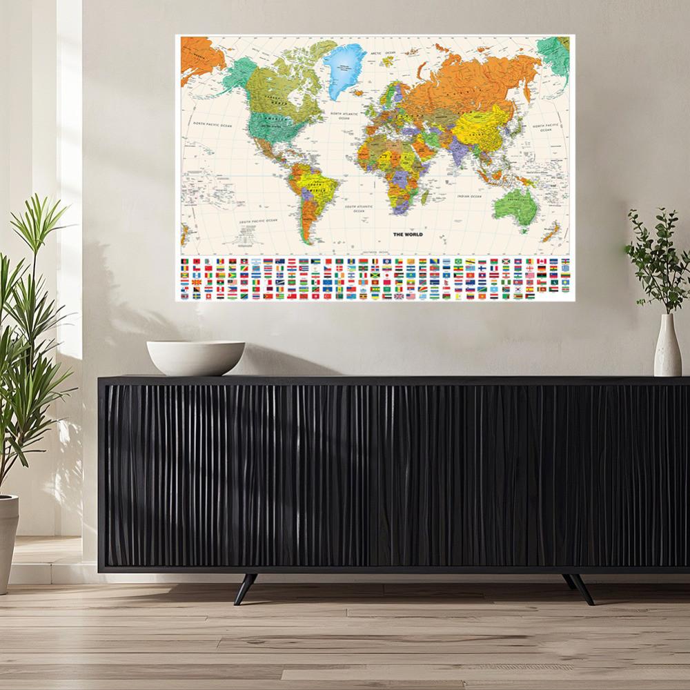World Map-Countries with Cities,Unframed World Map,Wall Decor for Living Room,Bedroom,Home,Office,Modern Art,Travel Tool