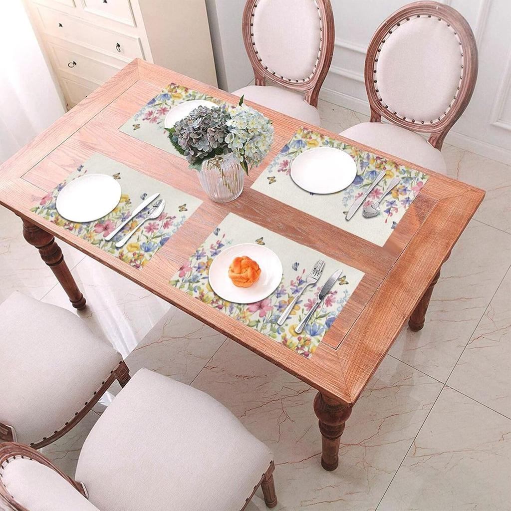 Spring Floral Placemats 12x18 Inches Set of 4 Colorful Flower Butterfly Decorative Rectangle Table Mats Summer Colorful Linen Place mats for Party