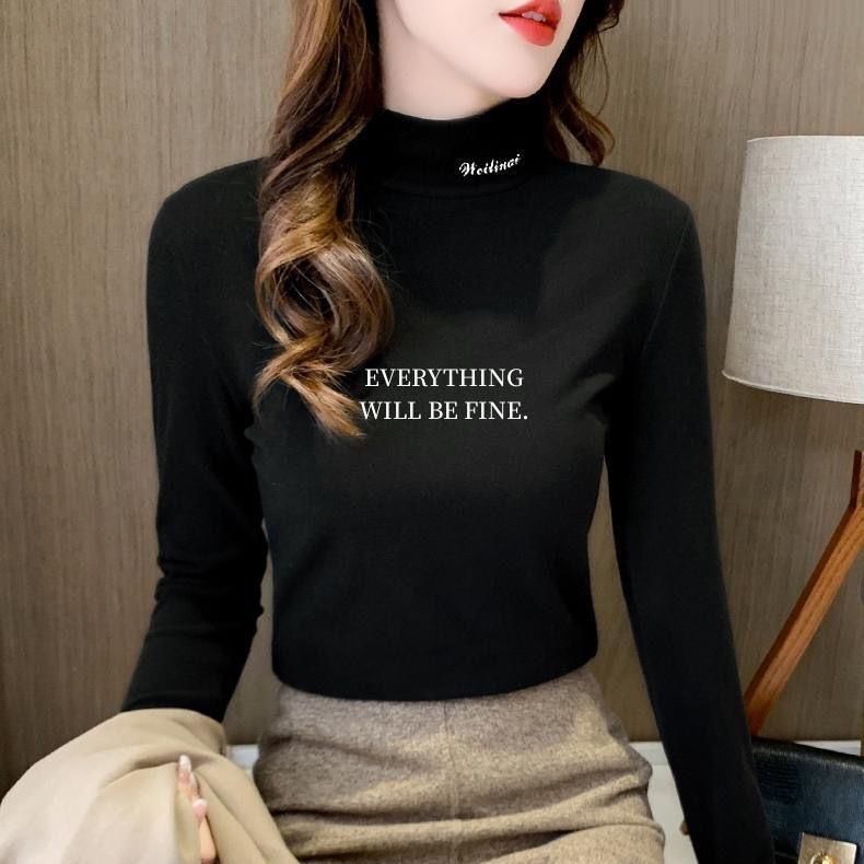 German Velvet Half-high Collar Printed Bottoming Shirt Women's Autumn and Winter Plus Velvet Long-sleeved T-shirt Slim-fit Warm  Top