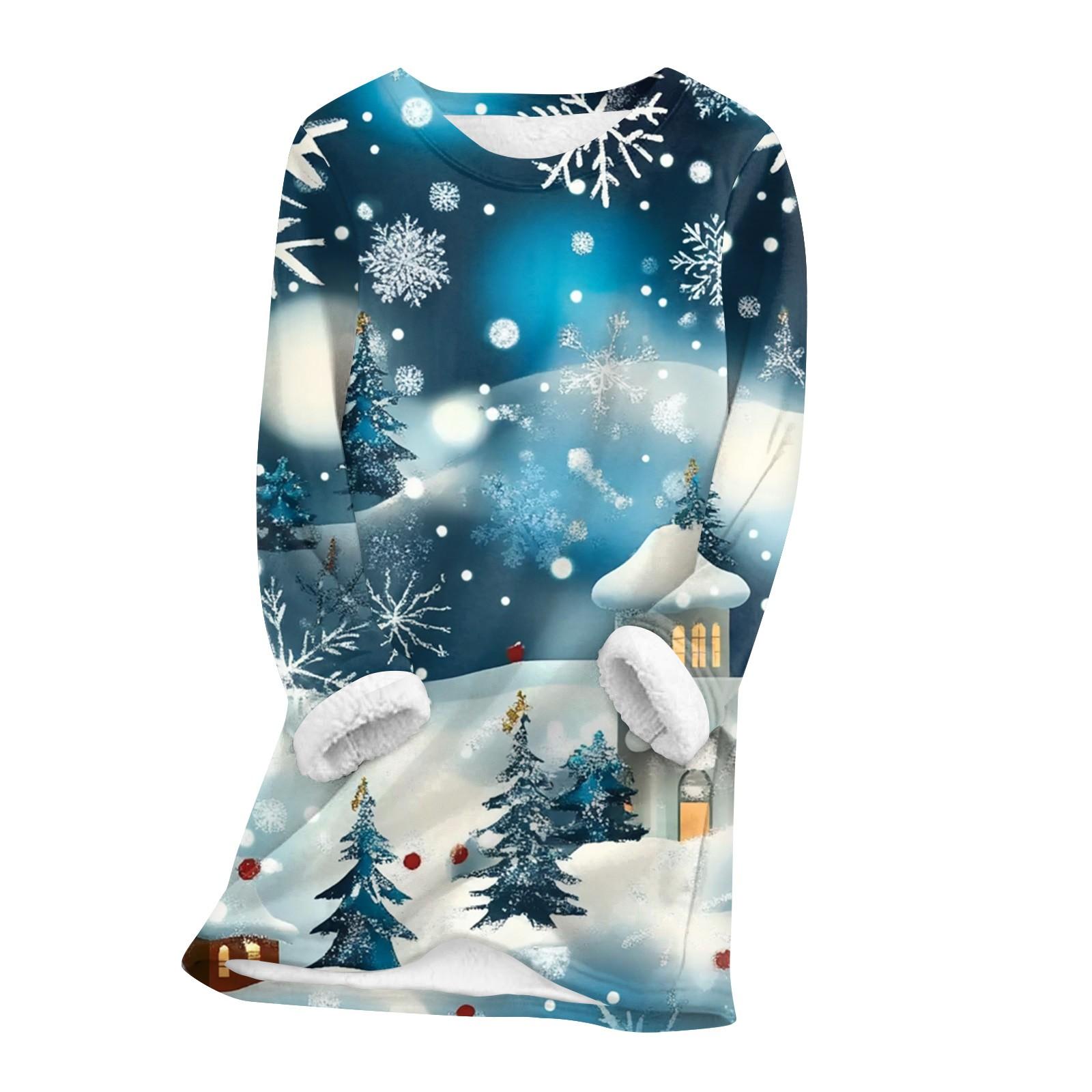 

Женский топ с круглым вырезом и принтом из утолщенного плюша и кашемира, теплый длинный топ L синий