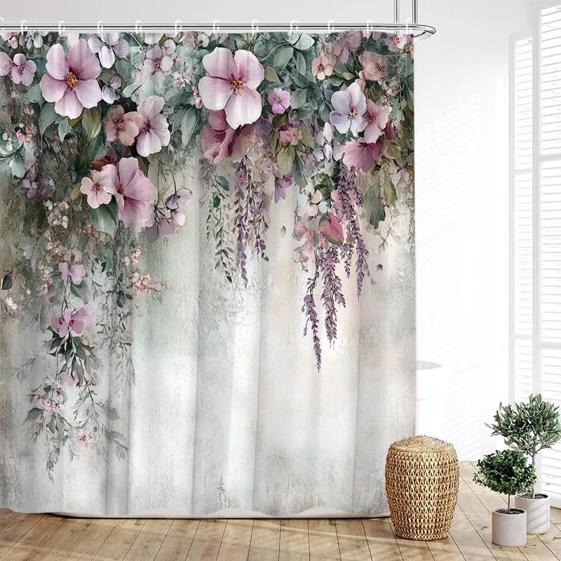 Liane Floral Shower Curtain Pink Floral Country Plant Polyester Fabric Bathroom Curtain Hook for Home Decoration