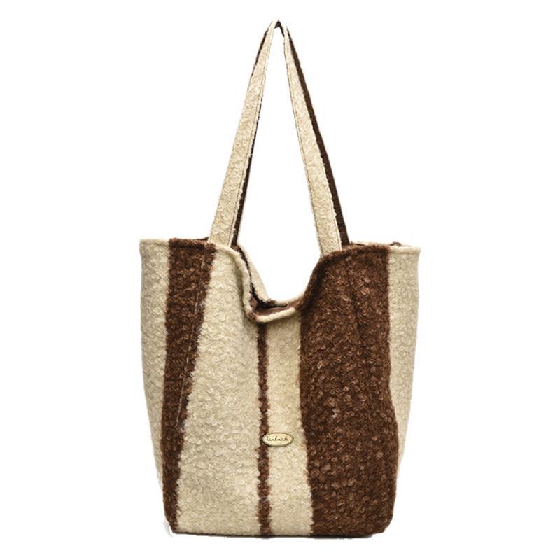 2025 new plush tote bag vertical striped cloth bag plaid shoulder bag large capacity double-sided backpack