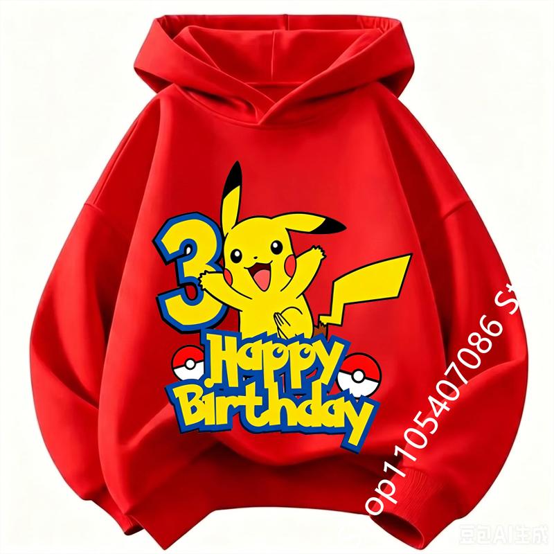 Children Pikachu Birthday Number 1-9 kid hoodie Boys Girls Casual Short Sleeves Tops Summer Kids long-sleeved hoodie