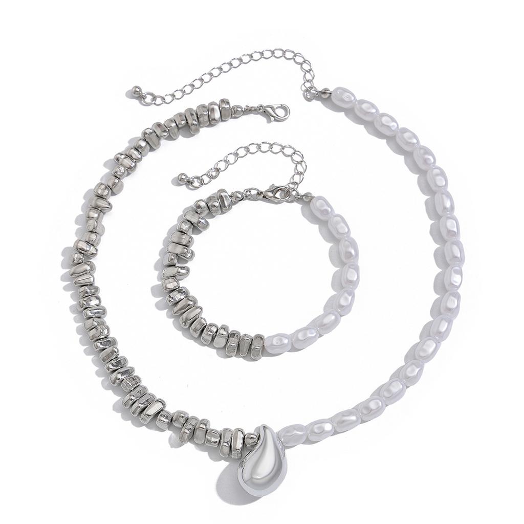 Accessories, Design Sense Metal Glossy Water Drop Necklace Women, Irregular Beaded Bracelet Necklace Set