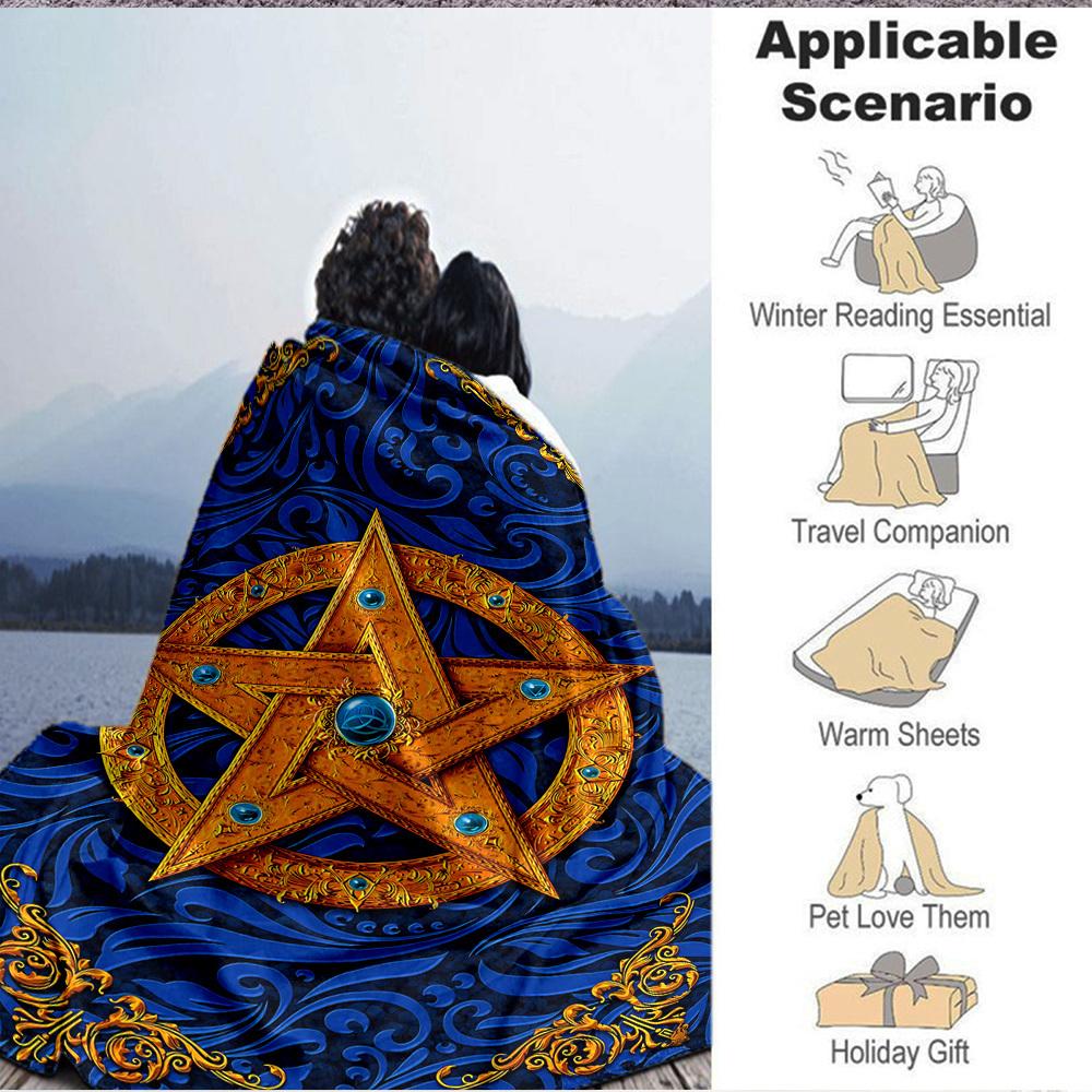 1pc Blue Golden Star Ornament Blanket Lightweight Flannel Blanket Throw Blanket For Sofa, Bed, Travel, Camping, Livingroom, Office, Couch, Chair, And