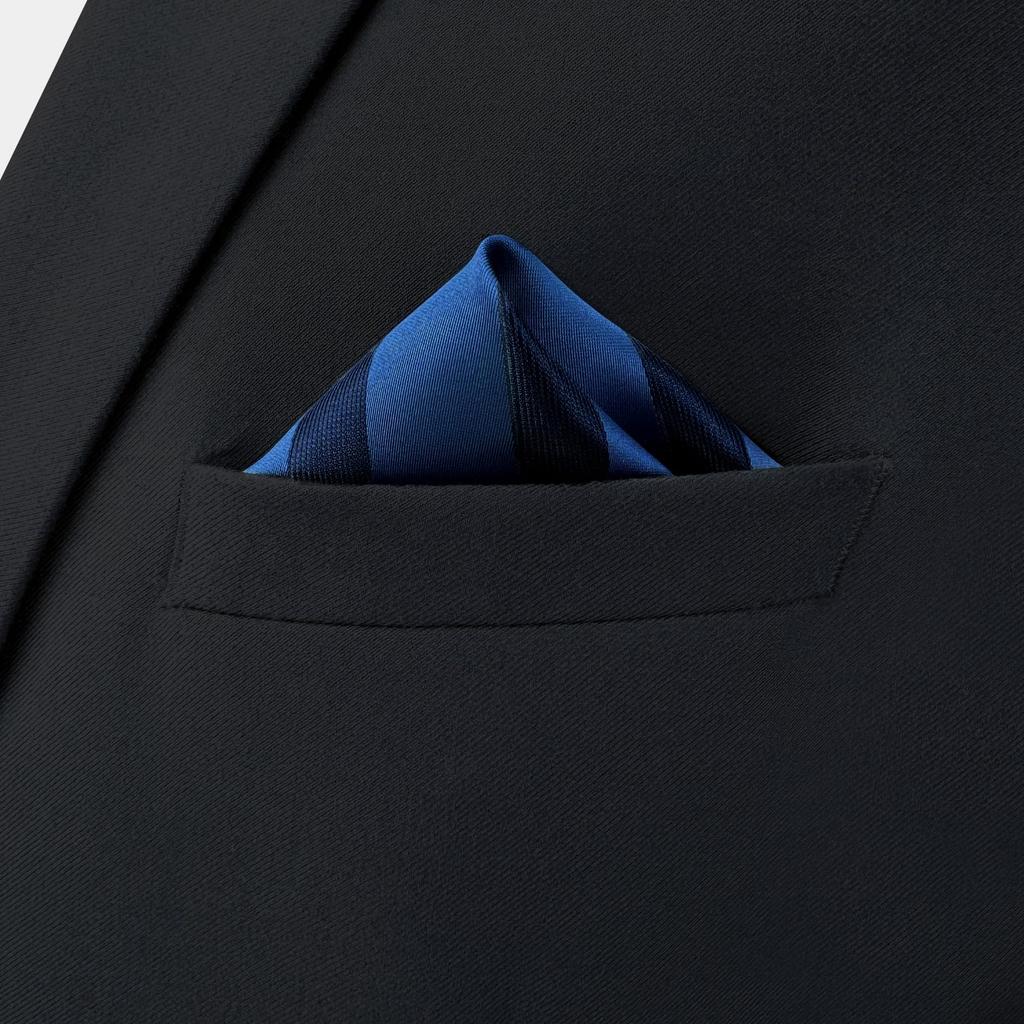 [S&W SHLAX&WING] Men's Tie Set, Striped, Pocket Square, Two-Tone, Navy Dark Royal Blue, Groom's Side, Slim Fit