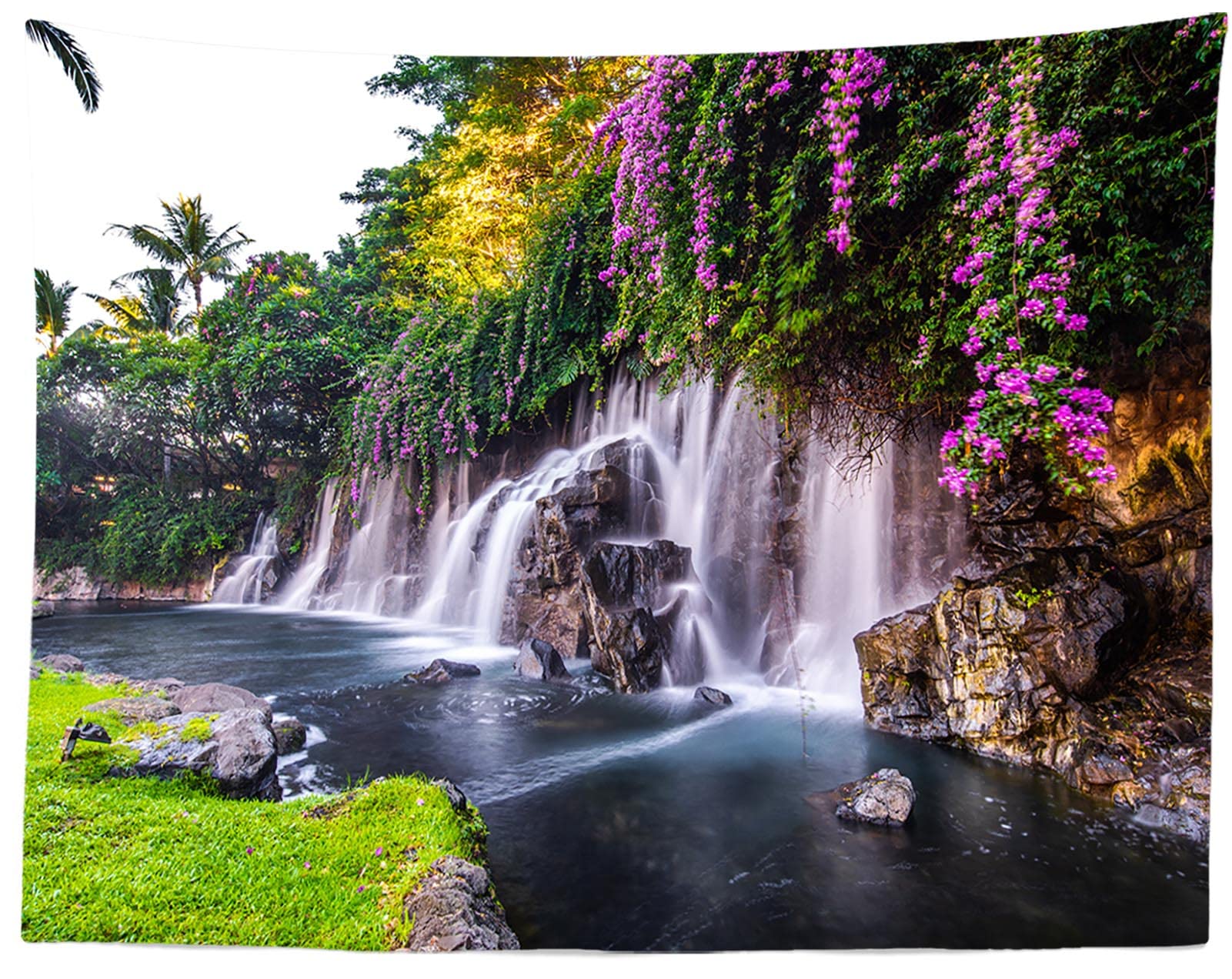 Mountain Waterfall Tapestry Lake Tapestry Tropical Hawaii Nature Tapestry 106X70 Inch Grassland Spring Flowers Natural Scenery 70x100CM