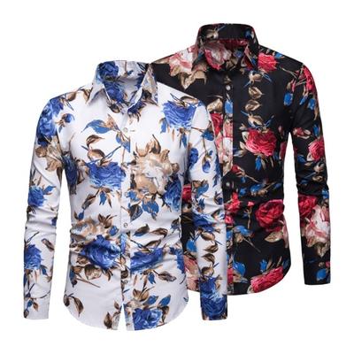 Men Spring Summer Shirt Turn-down Collar Single-breasted Slim Fit Long Sleeve Buttons Soft Breathable Vivid Flower Print Mid Length Men Top