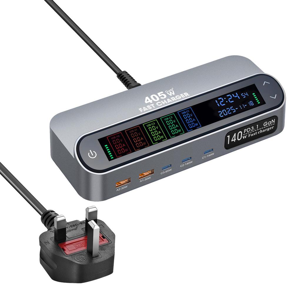 470W Gallium Nitride Desktop Charger with 140W PD3.1 Super Fast Charging & Retractable Cable
