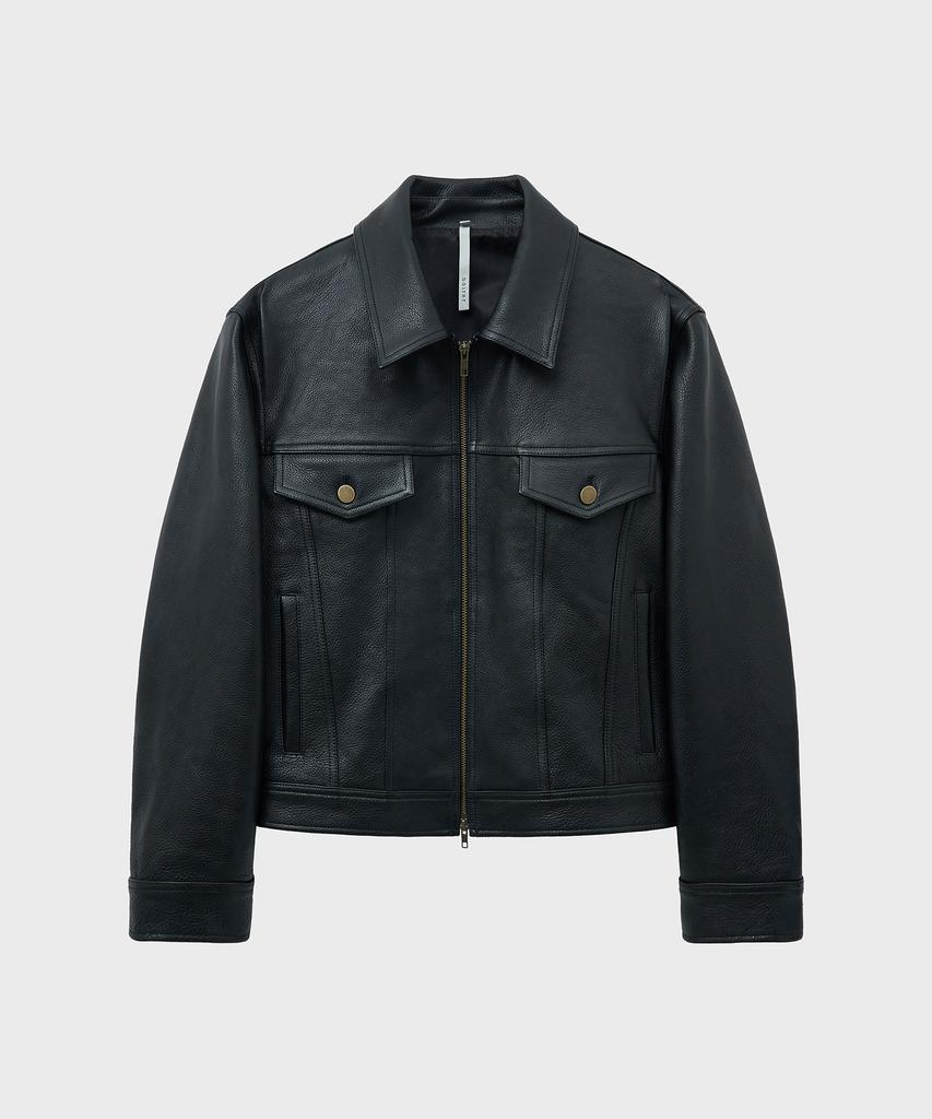 Noirer Antique Cow Leather Trucker Jacket (Black)