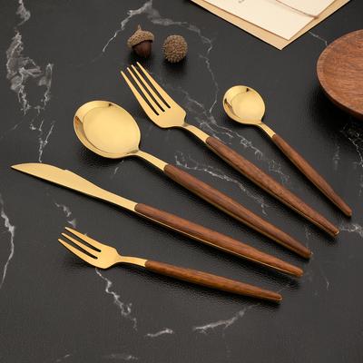 Gold Imitation Wood Handle Cutlery Set Western Stainless Steel Tableware Set 20PcsPcs Kitchen Knife Fork Spoon Dinnerware Set