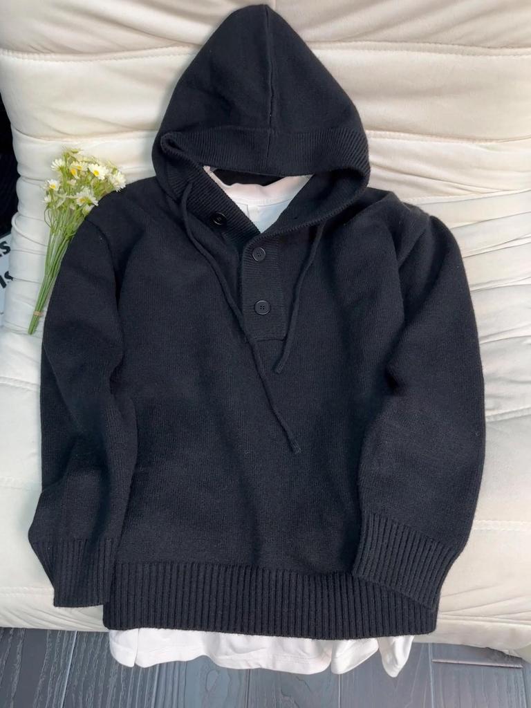 Men's Deep Gray Heavyweight Hooded Henley Pullover Knitwear - Autumn/Winter High-End Outerwear