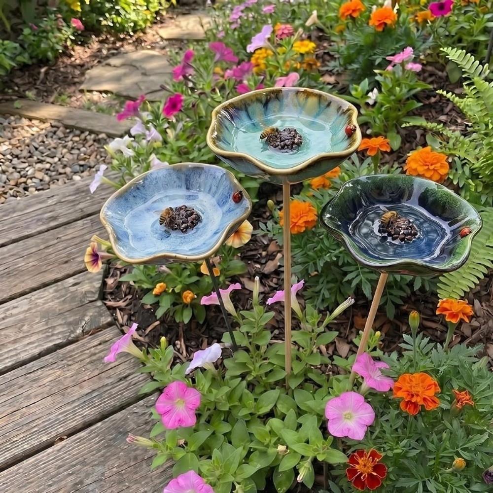 Watering Station Flower Garden Stake Ceramic Bird Feeder Tray Bee Butterfly Water Feeder Outdoor