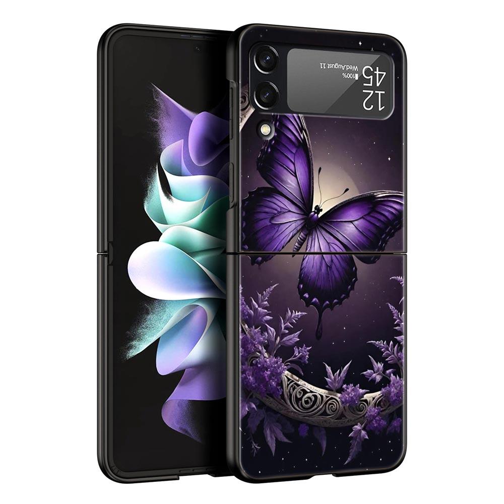 Art Purple Butterfly Hard PC Phone Case For Samsung Galaxy Z Flip 7 6 5 4 Black Cover For Galaxy Z Flip 3 Foldable Shell Fundas