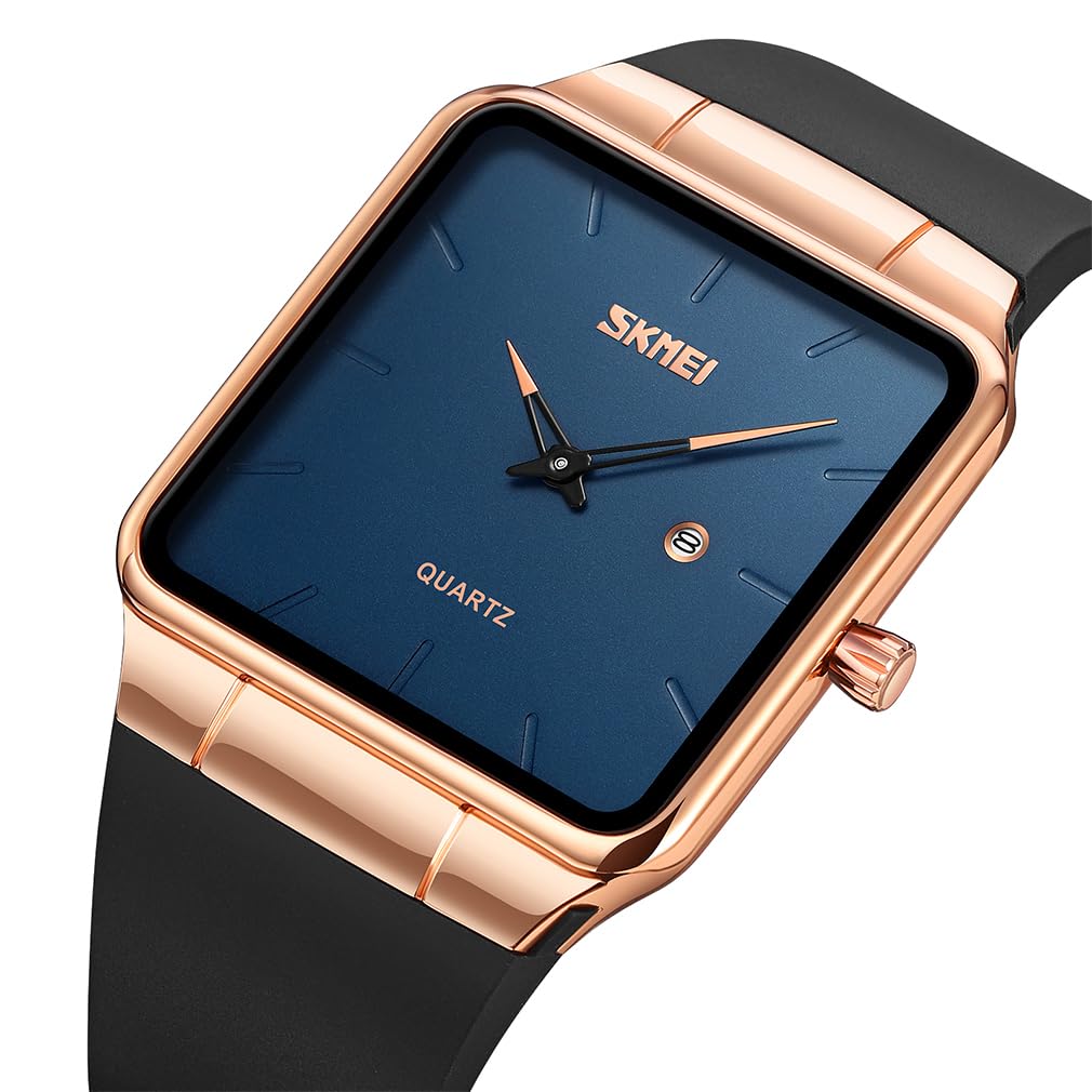 Square Watch Men Leather Strap Black Simple Thin Stylish Wristwatch Gentleman Waterproof Business Casual Male Gift Rose Gold Blue