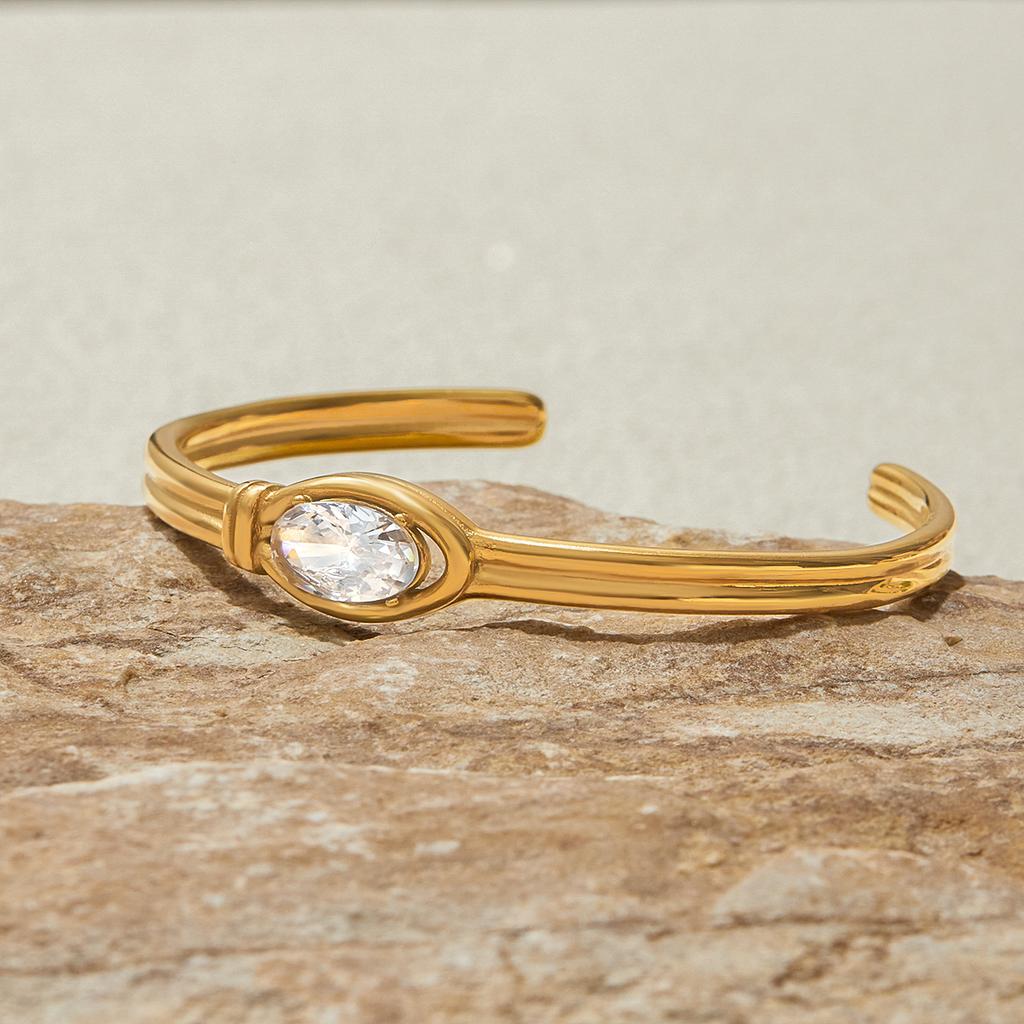 Yori Cubic Zirconia Stainless Steel Metal Cuff Open Bracelet Bangle 18K Gold PVD Plated Statement Waterproof Wrist Jewelry Bijou